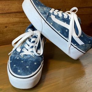 Adorable Vans, sz 7, Platform, Polka Dots, light and dark denim.